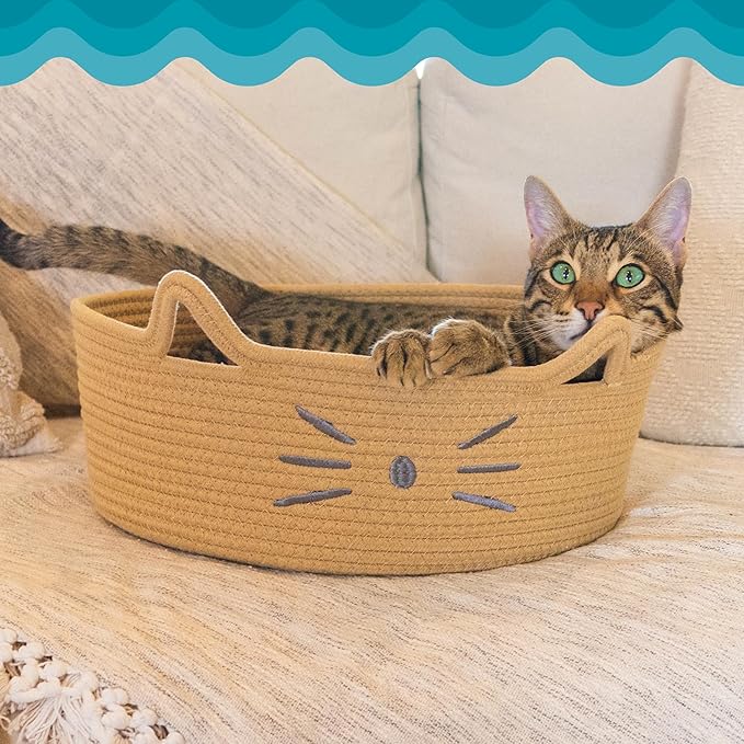 Catstages Bed & Basket Retreat 2-in-1 Cat Bed with Removable Cushion, Plush, Cotton Rope, Tan