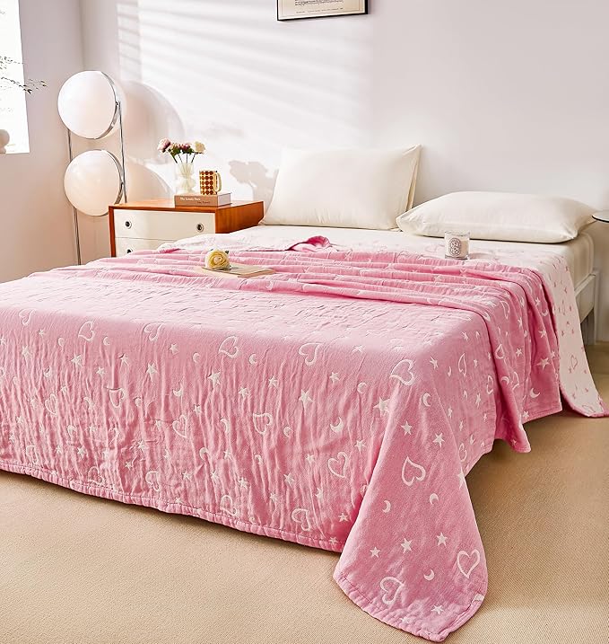 MEJU Pink White Star Moon Heart All Season Reversible Blanket Decorative for Bed Sofa Couch 100% Cotton 3 Layer Soft Warm Bedspread Throw Blanket Bed Coverlet Sheet Full Queen 80 in x 90 in