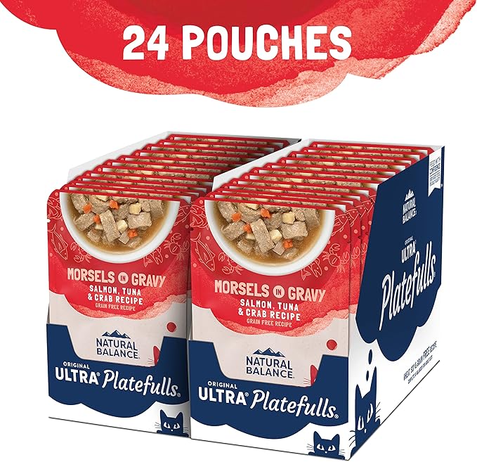 Natural Balance Original Ultra Platefulls Adult Grain-Free Wet Cat Food, Salmon, Tuna & Crab Recipe in Gravy, 3 Ounce Pouch (Pack of 24)