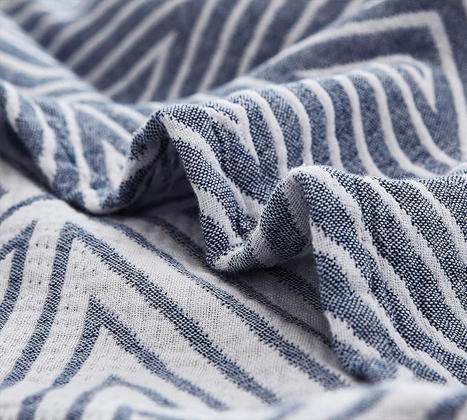 MEJU Blue Striped Checks Triange Muslin Reversible Throw Blanket for Bed Sofa Couch 100% Combed Cotton 3 Layer Soft Warm Quick Dry Throw Blanket Bedspread Bed Coverlet Sheet Full Queen 80 in X 90 in