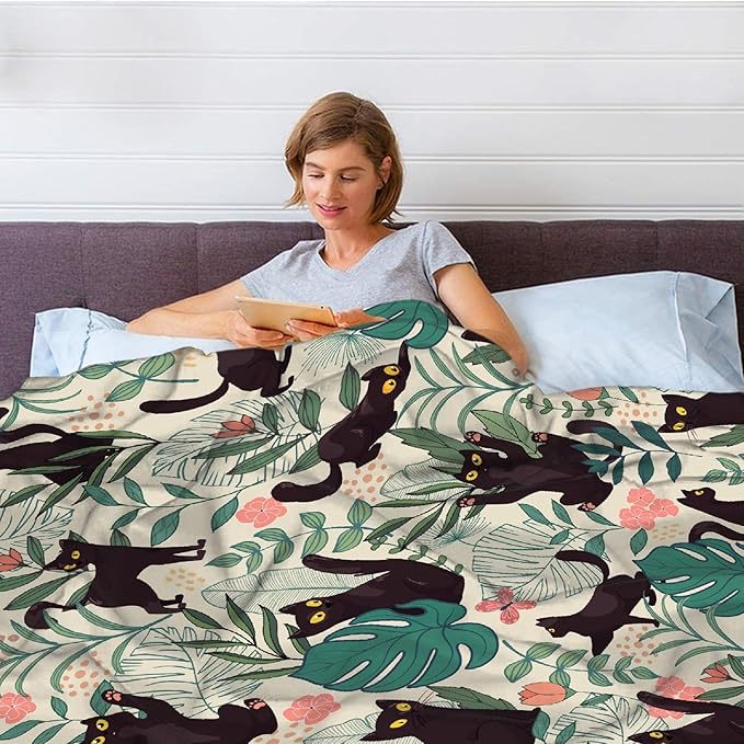 Floral Cat Throw Blanket - Super Soft Cozy Black for Kids, Adults, Women, Men - Best for Cat Lovers, Moms - Cute Pet Decor for Couch, Bed, Sofa, Dorm, Home (80"x60")