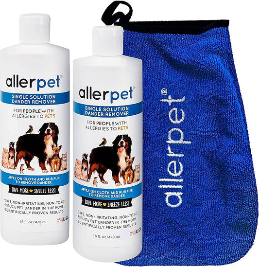 Allerpet Single Solution 16 fl oz Bottle Dander Remover for Pets (2 Pack) - Relieves Allergies - Bonus Mitt to Easily Apply Solution to Your Pet
