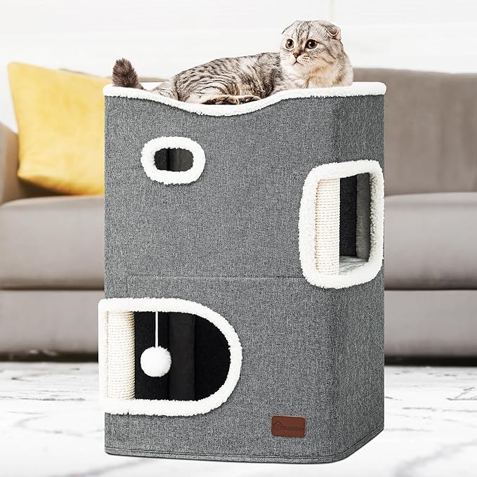 YIATHOME 2 Storey Cat House, Cat Beds for Indoor Cats, Small Cat Condo with Scratch Post and Hideaway Cave, Modern Cat Cube Playhouse for Multi Kittens, Classic Style, Grey