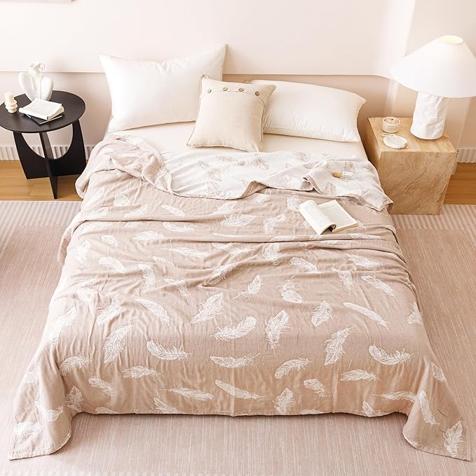 MEJU Feather Cute Modern Fashion All Season Blanket Throw Decorative for Bed Sofa Couch 100% Cotton 3 Layer Soft Warm Reversible Bedspread Throw Blanket Bed Coverlet Sheet Grey Twin 60 in x 80 in