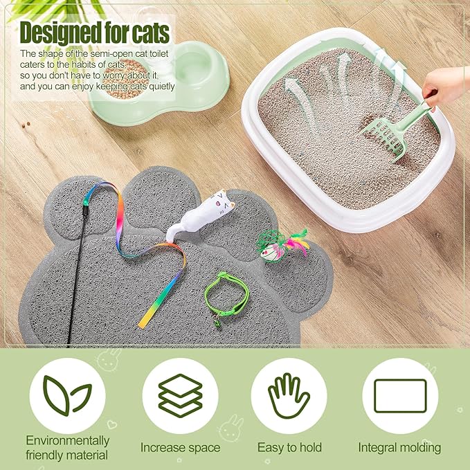 7 Pcs Small Cat Kitten Starter Kit Cat Litter Box with Shovel Cat Paw Litter Mat Double Automatic Cat Bowls Cat Toy Teaser Stick Cat Collar Essentials Kits for 1-3 Lbs Beginner (Fresh Green,Stylish)