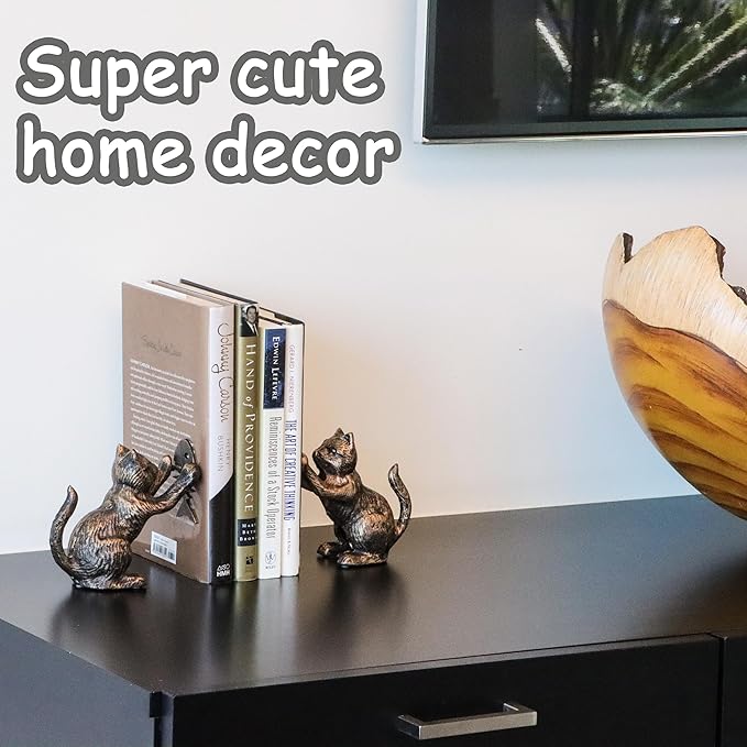 Book Ends Decorative Vintage Bronze Cat Book Holders, Antique Bookends for Heavy Books, Unique for Cat Lovers, Cast Iron Book Stopper