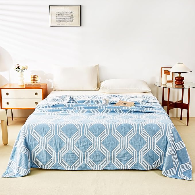 MEJU Modern Blue Stripe Geometric Checks Muslin All Season Blanket for Bed Sofa Couch 100% Cotton 3 Layer Soft Warm Bedspread Throw Blanket Bed Coverlet Sheet Twin 60 in x 80 in