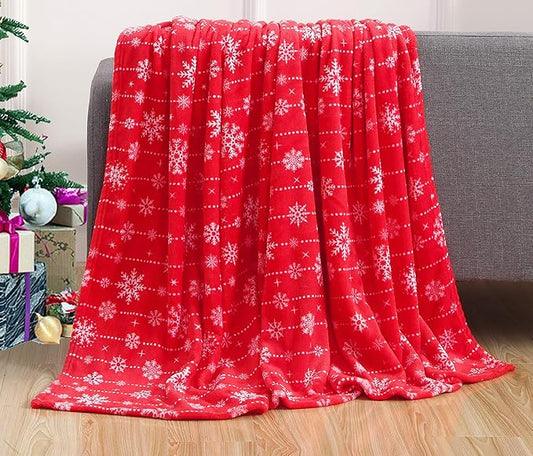 Elegant Comfort Velvet Touch Ultra Plush Christmas Holiday Printed Fleece Throw/Blanket-50 x 60inch, (Red Snowflake)
