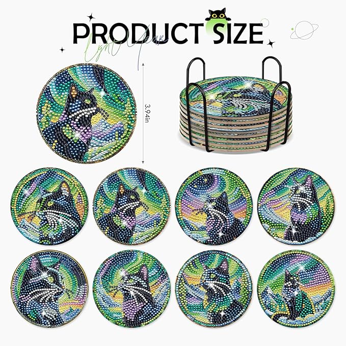 Black Cat Diamond Art Coasters - 8 Pcs DIY Colorful Glass Diamond Painting Coasters Kits with Non Slip Pads Home Table Decor Art Craft Supplies Birthday Gift for Adult Beginners Cat Lover