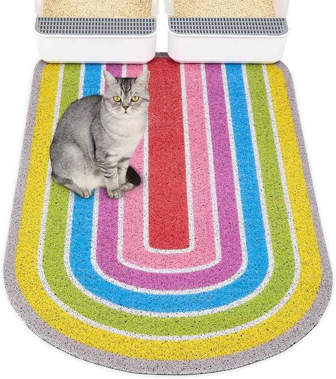 Bienbee Cat Litter Mat, 33.5x22.5in Cat Litter Mat Litter Trapping Mat Easy to Clean, Litter Box Mat with Bottom, Unique Graphic Design Cat Mats for Litter, Rainbow L