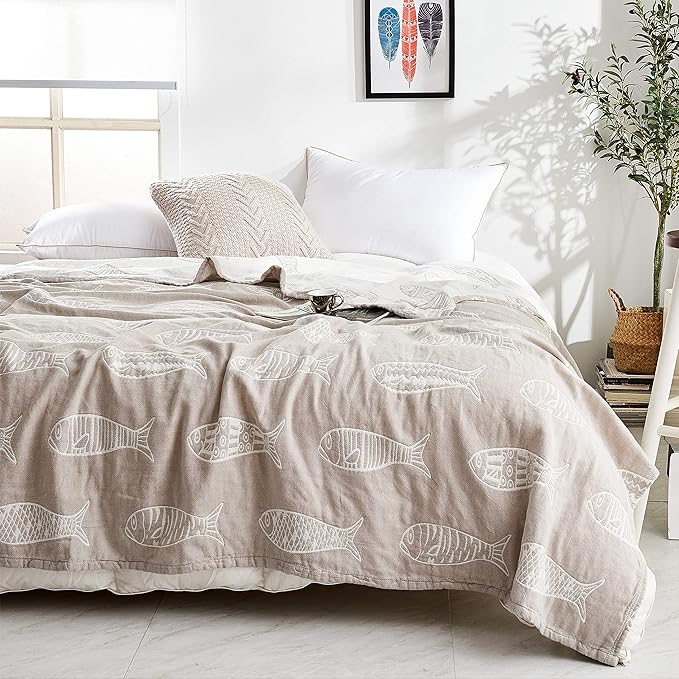MEJU Fish Gray Morden Muslin Lightweight Summer Blanket for Bed Sofa Couch 100% Combed Cotton 3 Layer Soft Warm Bedspread Throw Blanket Bed Coverlet Sheet Twin 60 in X 80 in