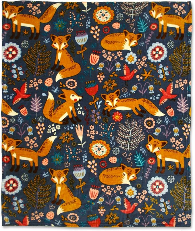 Lush Decor Pixie Fox Reversible Sherpa Throw Blanket, 50” W x 60"L, Navy & Orange- Quilted Toddler Blankets For Boys Or Girls - Colorful Florals- Soft & Fluffy Kids Blanket For Bed, Couch Or Chair