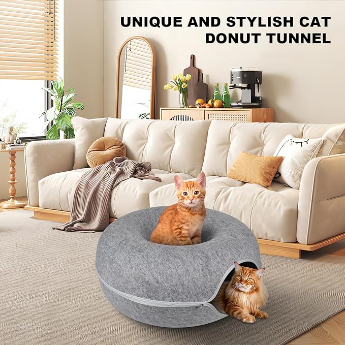 Peekaboo Cat Cave,Cat Tunnel Bed for Indoor Cats - L - 24 * 24 * 11 inch,Cat Donut Tunnel for Pet Cat House,Detachable Round Cat Felt & Washable Interior Cat Play Tunnel