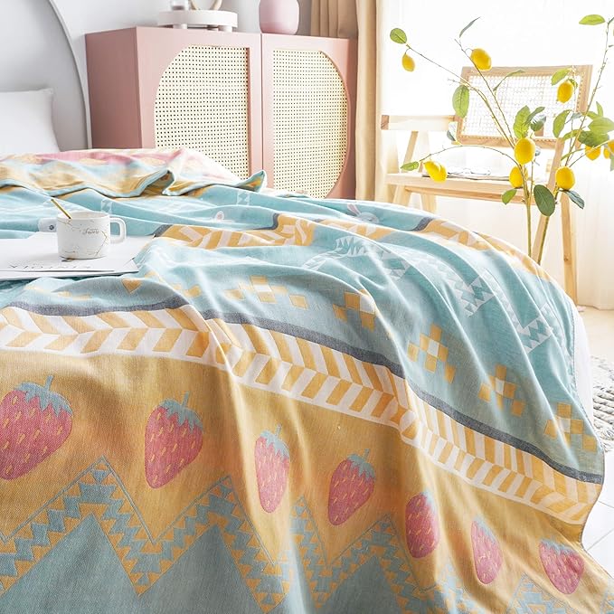 MEJU Boho Bunny Rabbit Green Muslin Lightweight Summer Strawberry Blanket Throw for Bed Sofa Couch 100& Cotton 2 Layer Soft Warm Quick Dry Throw Blanket Bedspread Bed Coverlet Sheet Twin 60 in X 80 in