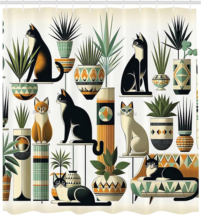 Ambesonne Cat Shower Curtain, Boho Ethnic Style Design with Kitties Sitting and Laying Poses Botanical, Cloth Fabric Bathroom Decor Set with Hooks, 69" W x 70" L, Black Ginger Mint Green