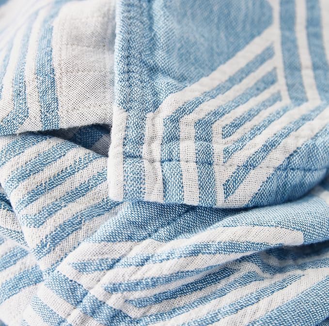 MEJU Modern Blue Stripe Geometric Checks All Season Blanket for Bed Sofa Couch 100% Cotton 3 Layer Soft Warm Bedspread Throw Blanket Bed Coverlet Sheet Full Queen 80 in x 90 in