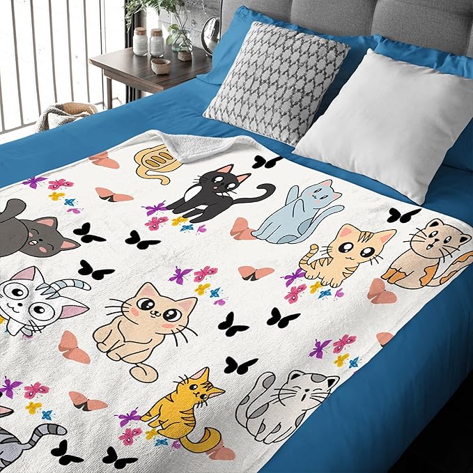 Cute Cat Butterfly Blanket Throw Super Soft and Cozy Blankets for Home Decoration, Couch, Bed, Sofa 120 in x 90 in Extra Large for Family for All Seasons
