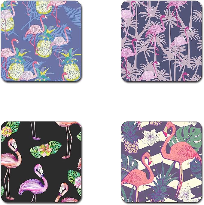 Blush Pink Flamingo Pattern Square Coaster Set - Made of Recycled Rubber - Set of 4 …