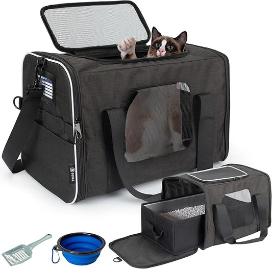 Airline-Approved Cat Carrier with Litter Box, 17x11x12” Soft Travel Litterbox up to 18 lbs Cats, Large Portable Carrier for Long Car Trips, Comes with Litter Scoop, Water Bowl, Pet ID & Cat Toy