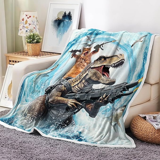 Funny Cat Throw for Kids, Cute Cool Cat Riding Dinosaur on Blue Ocean Fleece Throw Blanket Cozy Soft Lightweight Couch Sofa Bed,Blue Blankets Bedding Decor for Girls Boys Teens Cute Throw Blanket