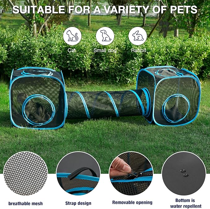 Tempcore Outdoor Cat Enclosures Portable, Cat Tent Outdoor House for Indoor Cats, Kitty and Small Animals, Outdoor Cat Playpen Within Storage Bag, 2 Cube and Cat Tunnel