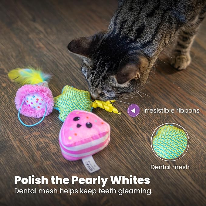 Catstages Happy Purrthday Birthday Themed Plush Catnip Blend Cat Toys, 3Pk, Multicolored