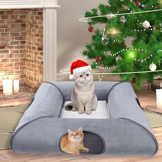 Cat Tunnel Bed, Collapsible Peekaboo Pet Cave Indoor for Multiple Kittens and Rabbits to Play, Sturdy and Scratch Resistant - Cat Interactive Toys, Removable Washable Soft Cushion (Gray, No Door)