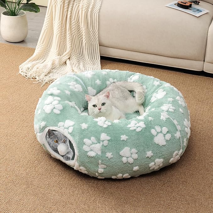 Cat Tunnel for Indoor Cats, Cute Peekaboo Cat Cave Play Tunnel with Dangling Balls, Pet Donut Tunnel Bed with Circle Mat for Cat Puppy Kitten Rabbit, Green