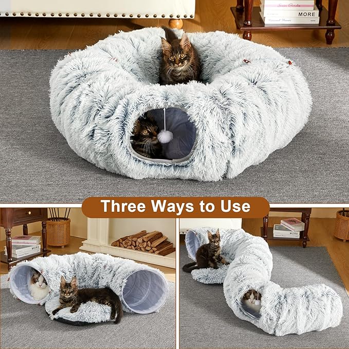 Cat Tunnel Bed for Indoor Cats Peekaboo Cat Cave Donut Tunnel for Cat with Washable Circle Cushion Interior Cat Play Tunnel (34 Inch, Grey)