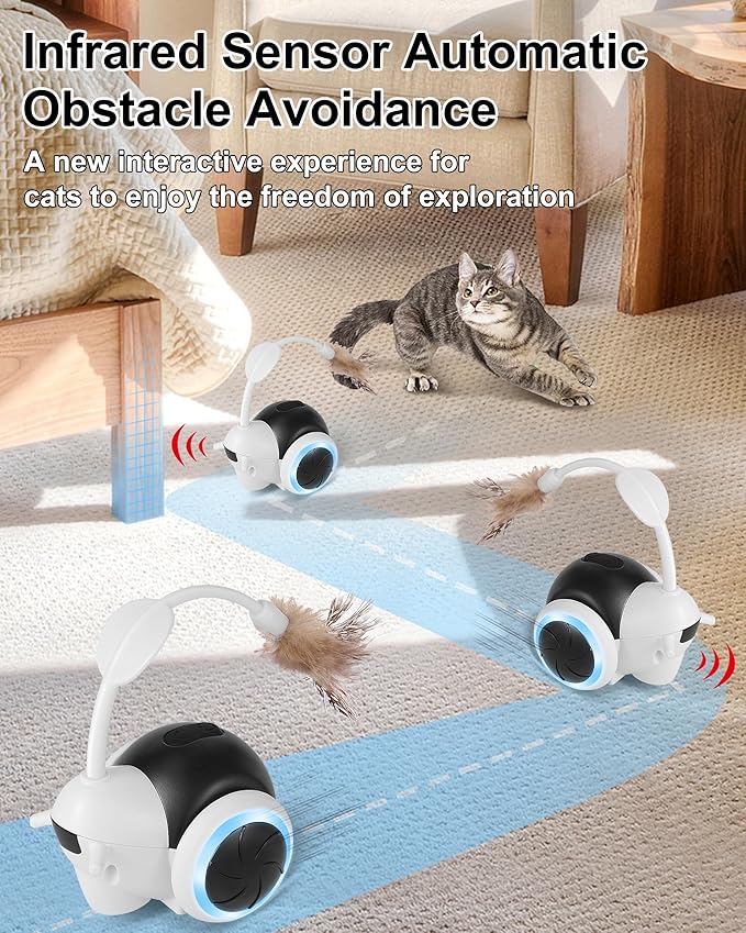 Interactive Cat Toys for Indoor Cats, Automatic Cat Toys Interactive with LED & Feather, Cat Mice Toys Smart Sensing Moving Electronic for Bored Adult Cats & Kitty, USB C Rechargeable