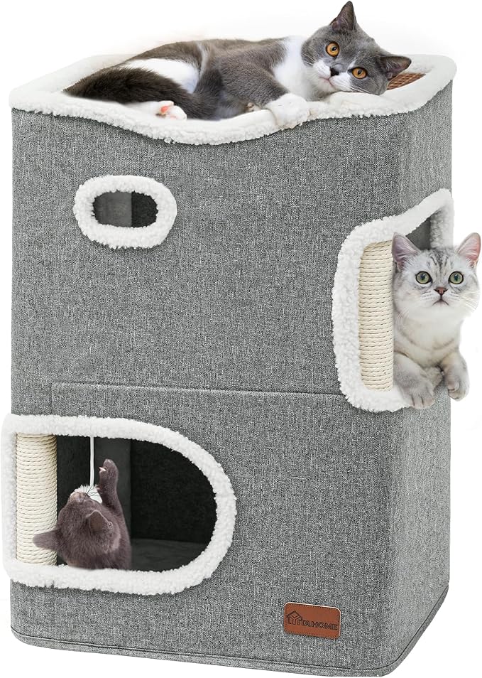 YITAHOME 2-Tier Cat House, Indoor Cat Cave Bed Playhouse, Flannel & Cool Mat, Covered Cat Beds with Scratch Pad and Hideaway Cave, Cute Modern Cat Condo Furniture for Multi Small Cats, Grey