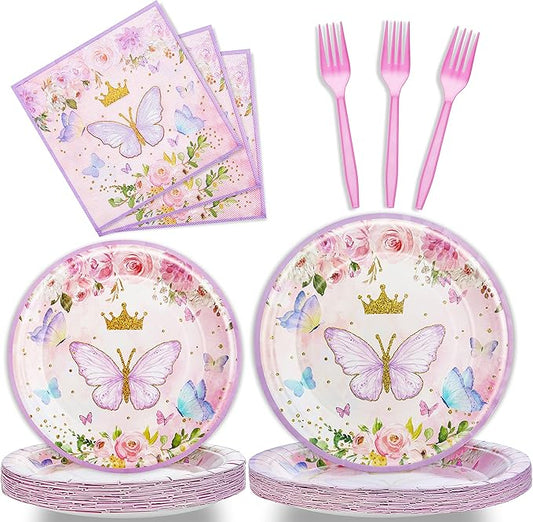 96 Pcs Butterfly Birthday Party Plates Napkins Forks Supplies Tableware Set Disposable Table Butterfly Theme Decoration for Girl Birthday Party or Baby Shower, Serves 24 Guests