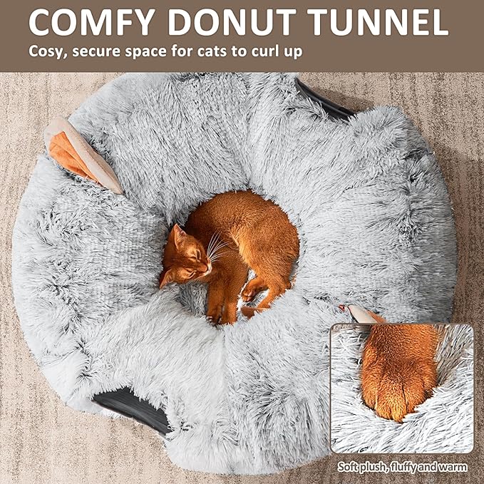 NEZIN Cat Tunnel with Cat Bed for Indoor Cats, Under Christmas Tree Plush Peekaboo Cat Cave, Multifunctional Cat Donut Tunnel Playground Toys for Cats Kitten Rabbit Ferret