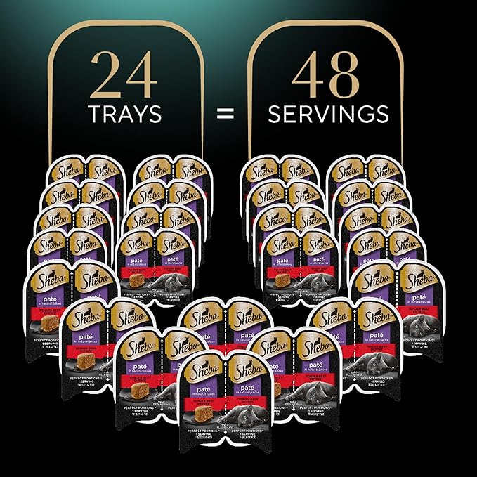 Sheba Perfect Portions Paté Adult Wet Cat Food Trays (24 Count, 48 Servings), Tender Beef Entrée, Easy Peel Twin-Pack Trays