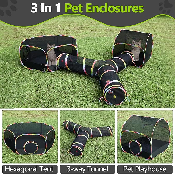 Outdoor Cat Enclosures Playground with Cat Toy Balls, Portable Cat Playpen Enclosed for Indoor Cats Includes 3 Way Cat Tunnel+Cat Tent+Pet Playhouse, Cat Outdoor Enclosure for Small Animals