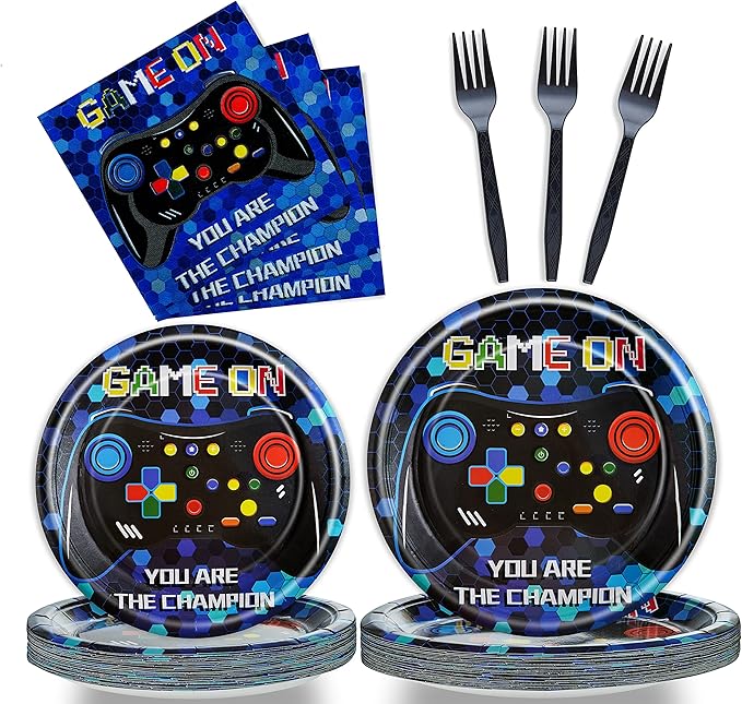 96 Pcs Video Game Birthday Party Plates Napkins Forks Supplies Tableware Set Disposable Table Boys Gaming Theme Decoration for Kids Birthday Party, Serves 24 Guests