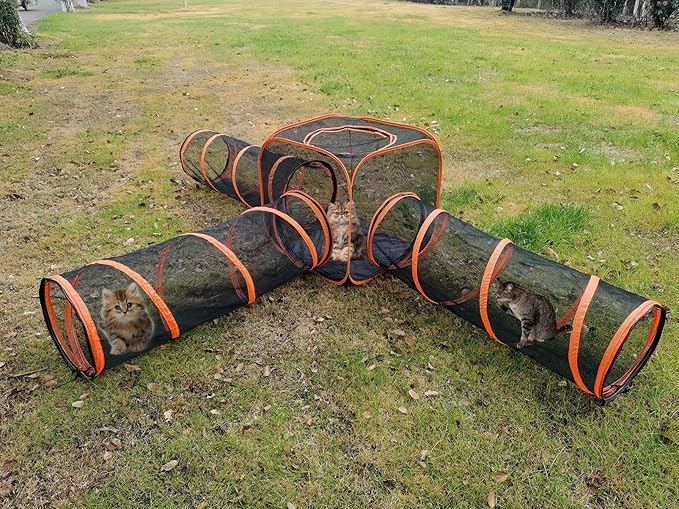 Portable Cat Small Animals Playpen DIY Outdoor Enclosures Freely Combinable 2in1 4in1 6in1 Pop Up Pet Play Tent Tunnel Cube House for Cat Puppy Rabbit (4in1 Cube Tunnel)