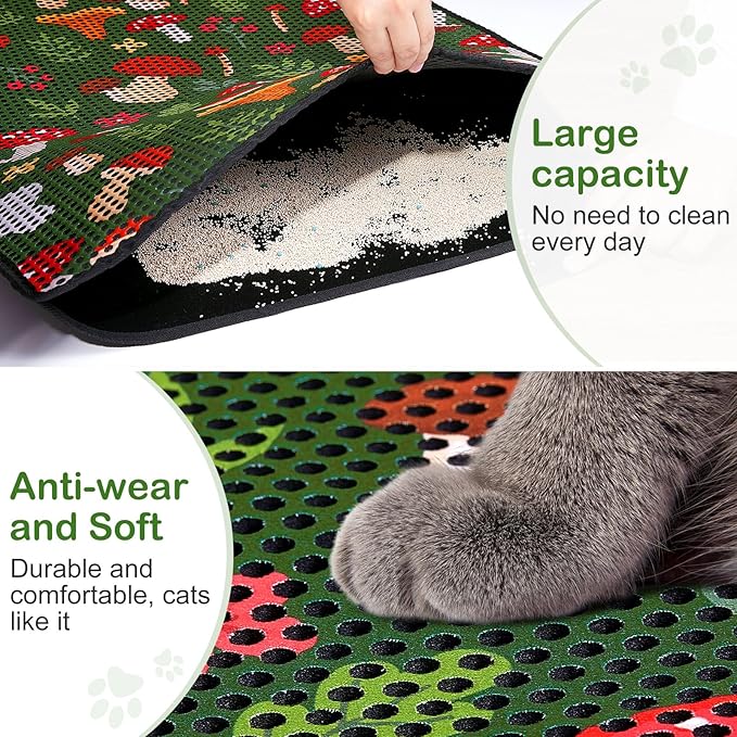 Bienbee Cat Litter Mat, 30"x24" Litter Mat Double Layer Litter Trapping Mat, Reduces Tracking and Keeps Floors Clean,Jungle Mushroom L