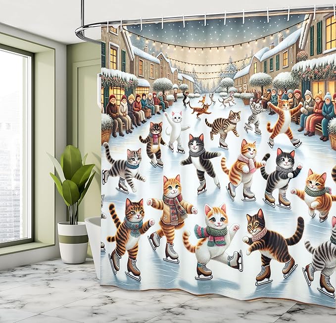 Ambesonne Cat Shower Curtain, Funny and Cheery Kitties Ice Skating Winter Happiness Funny Cartoon Xmas, Cloth Fabric Bathroom Decor Set with Hooks, 69" W x 70" L, Orange Brown Pale Blue