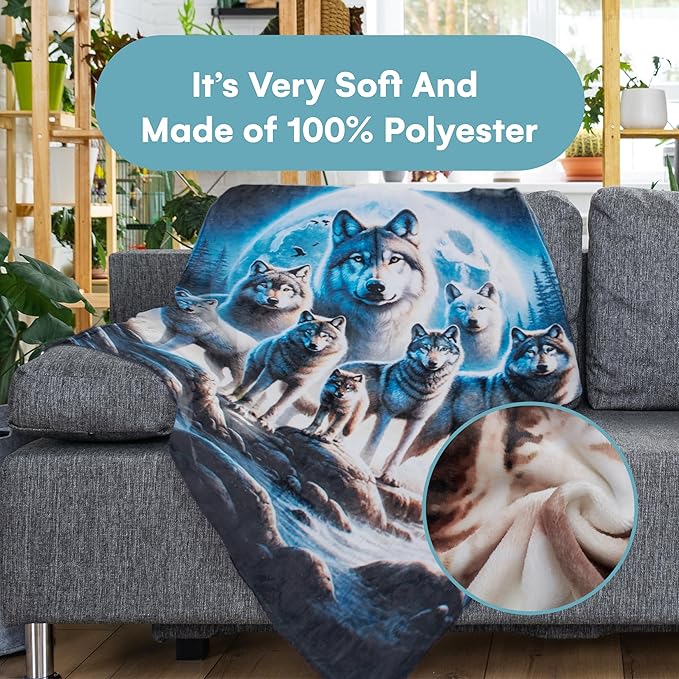 Dawhud Direct Wolf Fleece Blanket - Soft Plush, Cozy Throw for Kids and Adults - Throw Blanket with Pack of Wolves Over Forest Print, Ideal for Beds, Couches, and Travel - 60 x 50 Inches