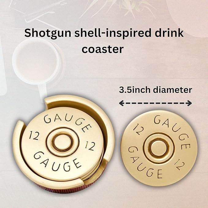BestGiftEver Shotgun Shell Coaster Set of 4 - Country Coasters for Coffee Bar, Kitchen, and Bar Decoration - Unique Bullet Decor with Red Gold Cast Resin, Great Gift for Hunting Enthusiasts