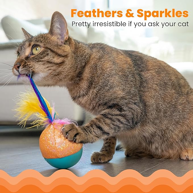 Catstages Whack N’ Wobble Ball Interactive Cat Toy Catnip Coated Wobble Ball with Feathers and Bells, Turquoise