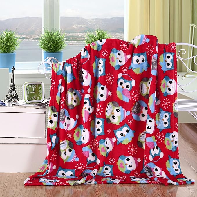 Elegant Comfort Luxury Velvet Super Soft Christmas Prints Fleece Blanket-Holiday Theme Home Décor Fuzzy Warm and Cozy Throws for Winter Bedding, Couch and Gift, 50 x 60 inch, Owl