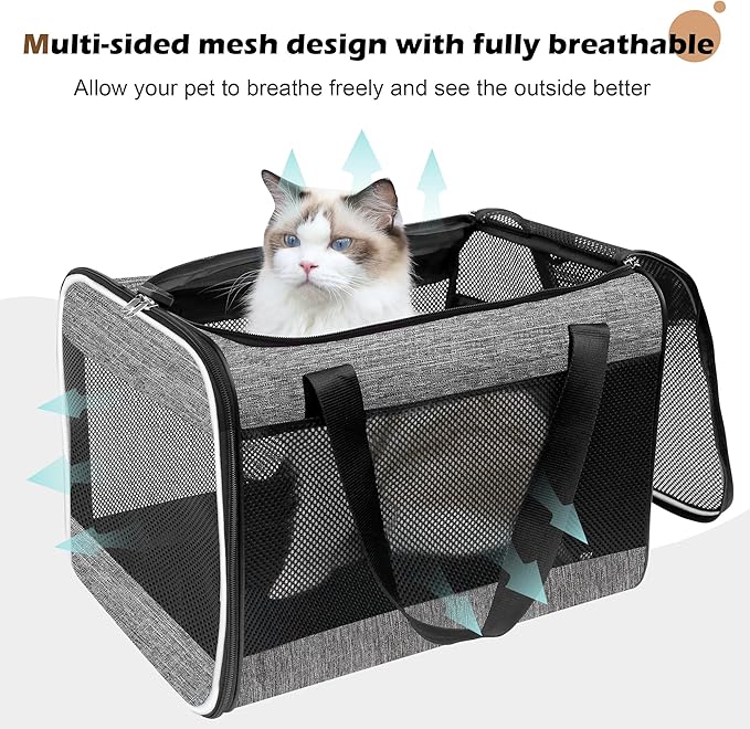 HiCaptain Cat Carrier Bag, Lightweight Soft Cat Carrier with Top Mesh Window, Breathable Pet Carrier for Medium Cats and Small Dogs Puppies up to 15 lb - Grey