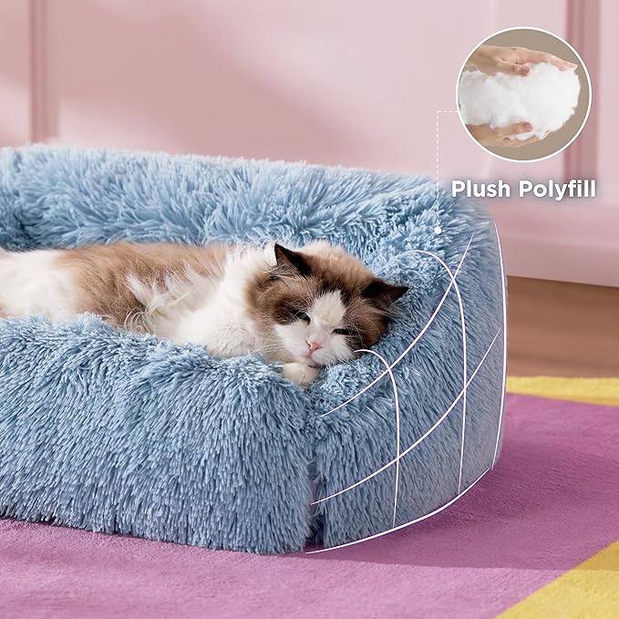 Lesure Cute Cat Couch Bed - Furry Indoor Cat Sofa Large, Washable Calming Small Dog Beds for Puppy with Fashion Design, 26x21x9inches, Blue