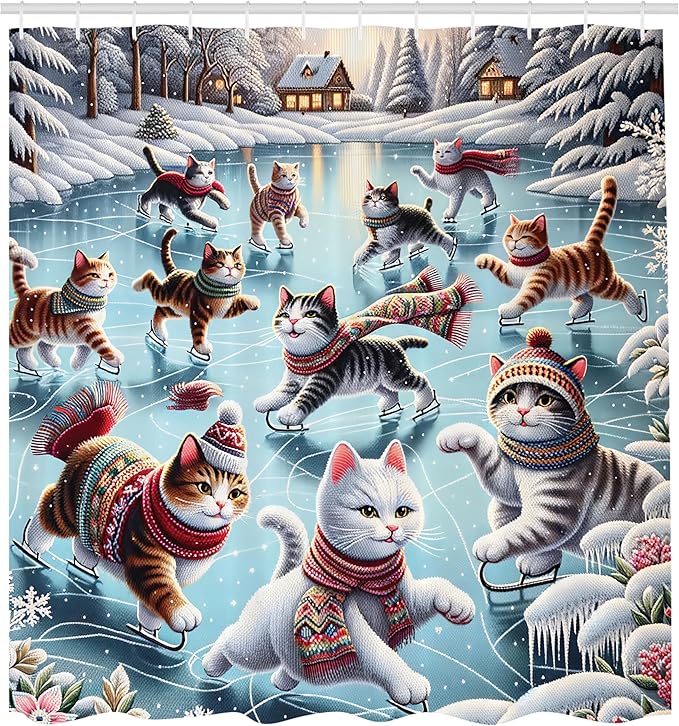 Ambesonne Cat Shower Curtain, Cozy Winter Woodland Scene with Cottages and Ice Skating Kitties Snow Fun, Cloth Fabric Bathroom Decor Set with Hooks, 69" W x 84" L, Soft Blue Burnt Orange