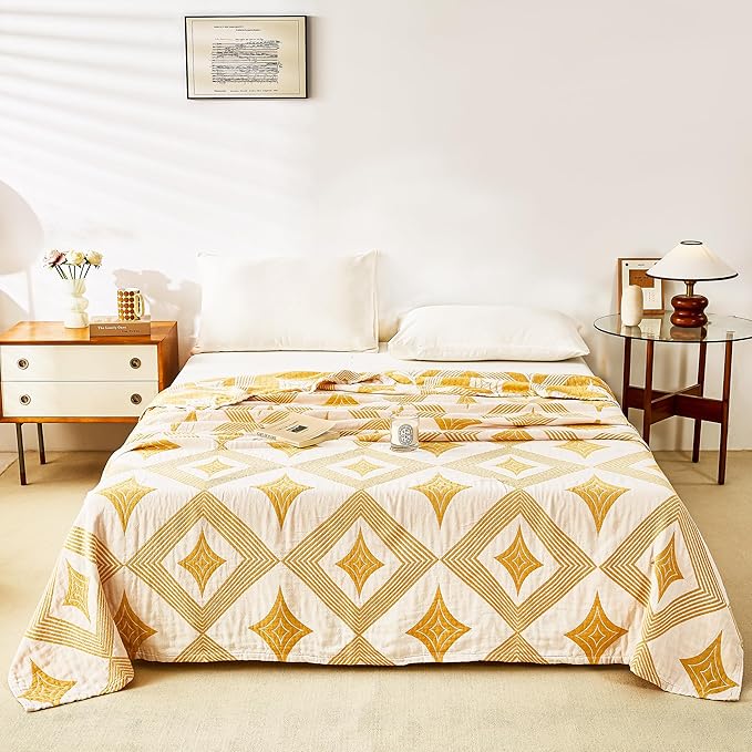 MEJU Diamond Modern Checks Fashion Stripe All Season Blanket Decorative for Bed Sofa Couch 100% Cotton 3 Layer Soft Warm Reversible Bedspread Throw Blanket Bed Coverlet Sheet Yellow Twin 60 in x 80 in