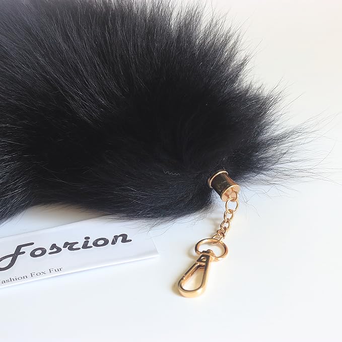 Fosrion Real Fox Tail Fur Cat Bites Hunting Playing Catching Toy (Black, Only Tail)