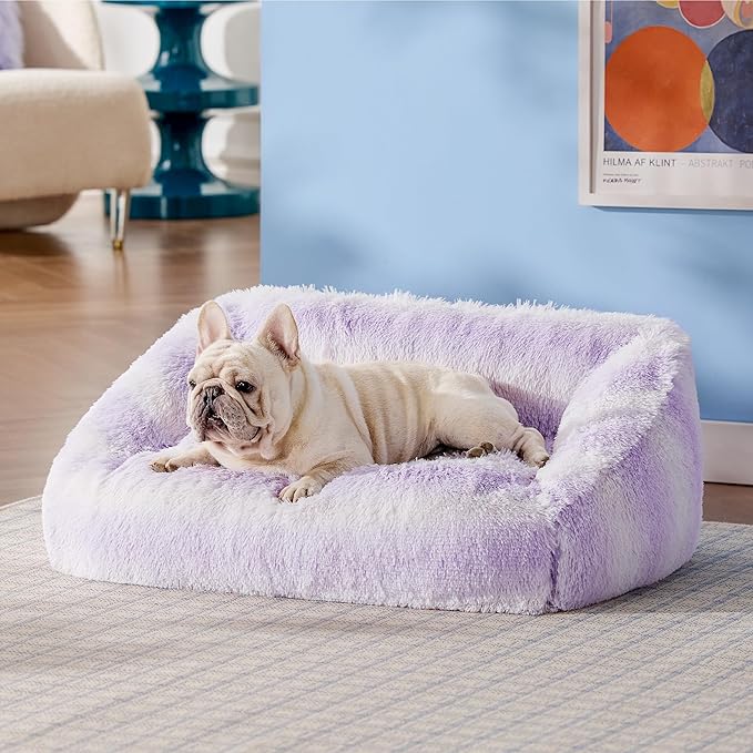 Lesure Cute Cat Couch Bed - Furry Indoor Cat Sofa Large, Washable Calming Small Dog Beds for Puppy with Fashion Design, 26x21x9inches, Purple Stripe
