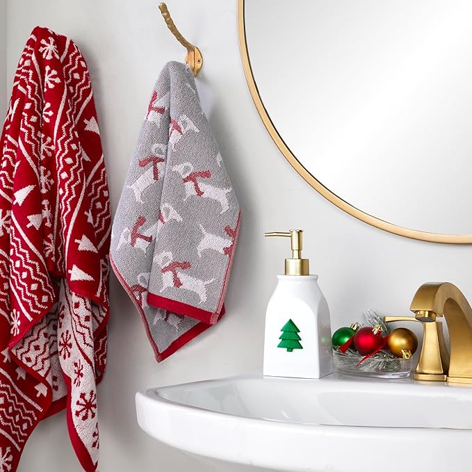 SKL Home Christmas/Winter Red Scarf Dachshunds Hand Towel 2pc Set for Bath/Kitchen/Bar & Gift, Gray
